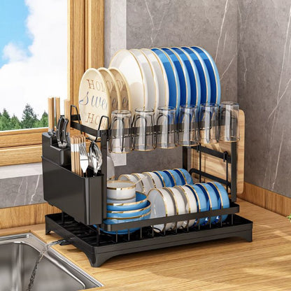 💎 50% DE RÉDUCTION ! 💎 Égouttoir à vaisselle à 2 niveaux – Avec plateau d'écoulement, gain de place et idéal pour les cuisines familiales