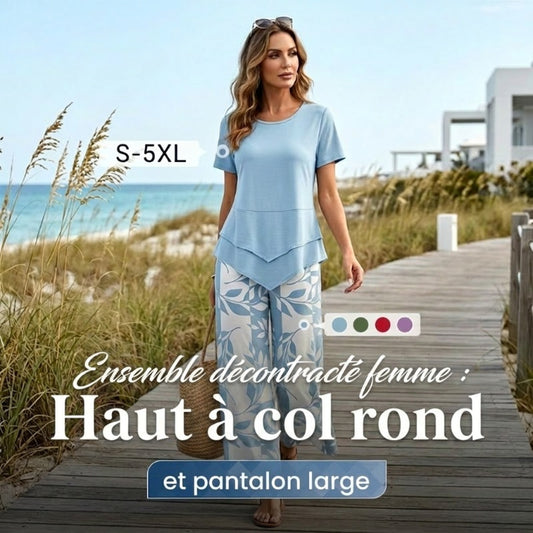 💙Ensemble décontracté à col rond composé d'une tunique superposée et d'un pantalon à larges jambes
