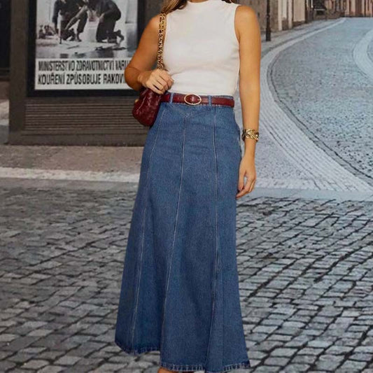 🎁 Nouveauté 2026 · Offre spéciale : -50 % Jupe longue en denim pour femme – Taille haute, coupe trapèze élégante et confortable 👗✨