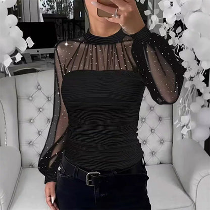 🤍 Haut à manches longues pour femme avec perles et insert en tulle – Élégant et polyvalent