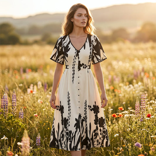 👗 50% de réduction+Livraison gratuite✨Robe midi élégante à col en V et imprimé botanique