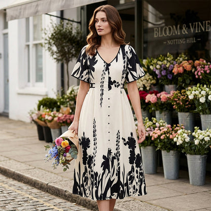 👗 50% de réduction+Livraison gratuite✨Robe midi élégante à col en V et imprimé botanique
