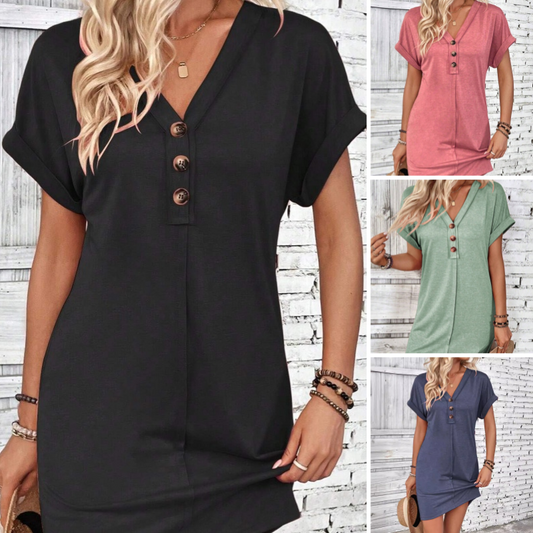 👗✨50 % de réduction🔥✨Robe Femme à Col en V & Manches Roulées – Coupe Intemporelle, Boutons & Tissu Doux