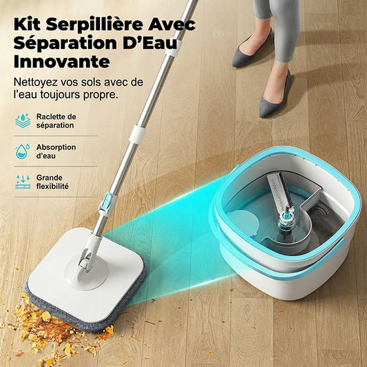 ✨ 50 % de réduction + livraison gratuite🔥 Kit de balai à franges plat et seau mains libres avec système de séparation de l'eau