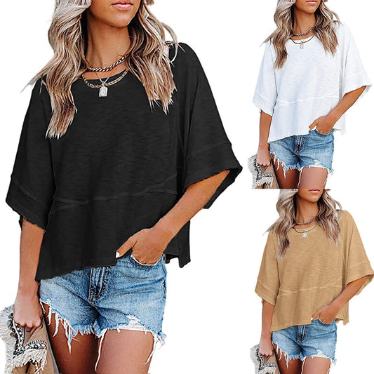 Einfarbiges Patchwork-T-Shirt mit lockeren Fünf-Punkt-Trompetenärmeln