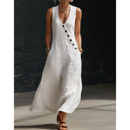 👗⏰ 50% DE RÉDUCTION ! Robe Longue Femme en Coton-Lin – Col en V, Boutons Asymétriques & Poches, Coupe Fluide pour l'Été 🌊
