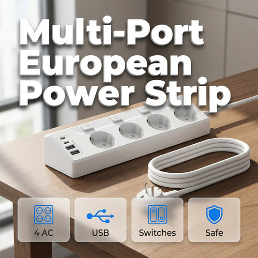 Multiprise à 4 prises avec interrupteurs individuels et ports USB