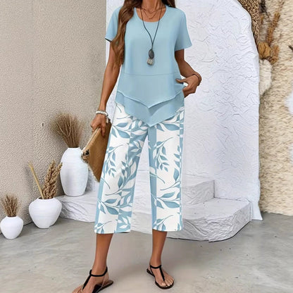 💙Ensemble décontracté à col rond composé d'une tunique superposée et d'un pantalon à larges jambes