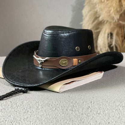 📢📢50 % DE RÉDUCTION !! ⏰ ✨ Chapeau de Cowboy Vintage à Large Bord & Lanière – PU, Taille Unique, Réglable ☀️