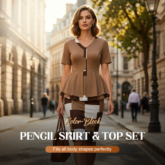 👗 50% DE RÉDUCTION 🎨 Ensemble jupe crayon & top color-block – Taille cintrée, chic & parfait pour le bureau, dîners ou occasions spéciales – Polyvalent et élégant 🔥