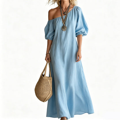 📢📢Dernier jour -50% de réduction !!⏰Robe longue une épaule à manches bouffantes – Confortable et décontractée pour balades & sorties 🌿
