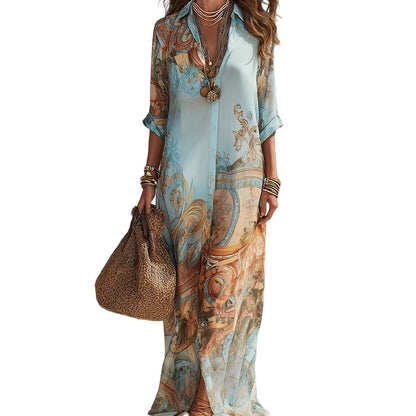 👗 50% DE RÉDUCTION 🌺 Robe longue imprimée bohème – coupe fluide, col V et boutons devant – tissu léger et respirant – idéale pour les belles journées d’été